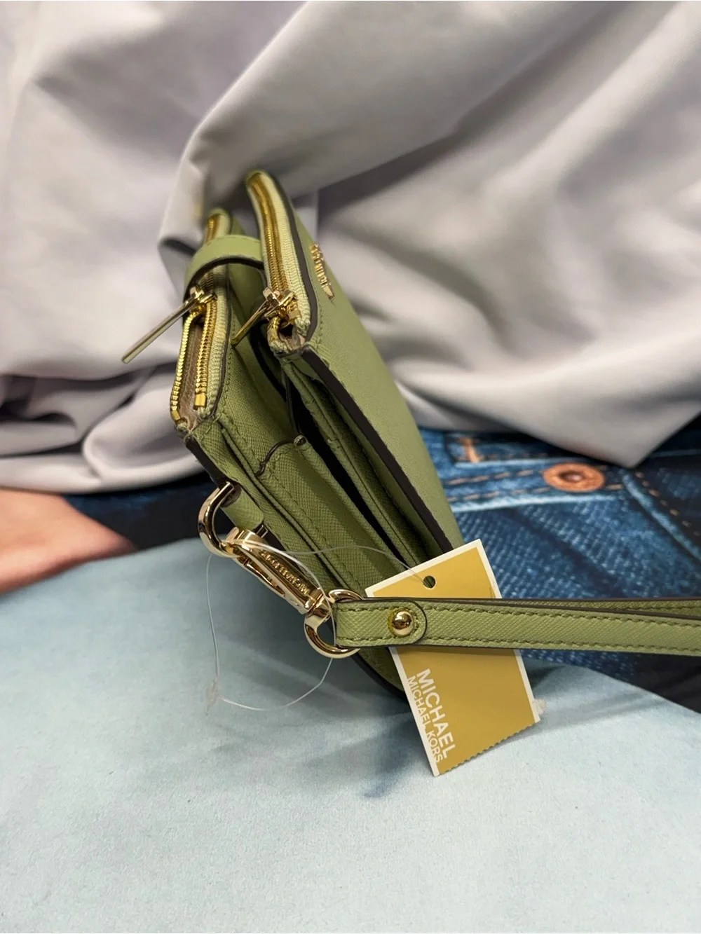 (new+tag) Michael Kors Sage Green Saffiano Leather Wristlet with Gold Hardware